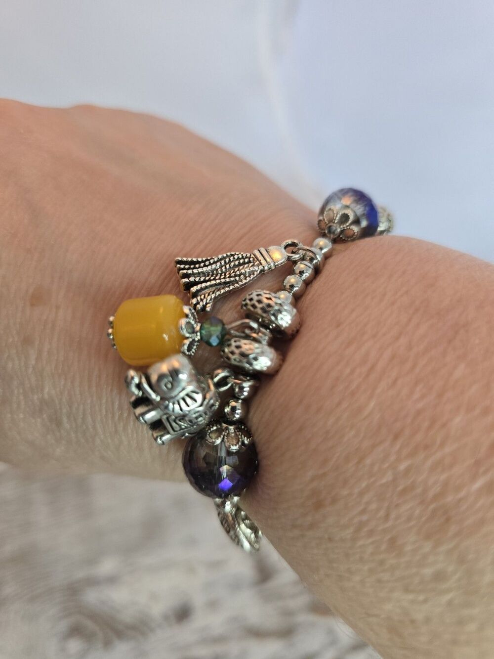 Vintage Style Iridescent Beaded Charm Stretch Bracelet Elephant Tassel #287